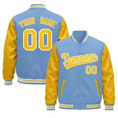 Light Blue White Gold Raglan Varsity Full-Snap Letterman Jacket