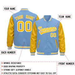 Light Blue White Gold Raglan Varsity Full-Snap Letterman Jacket 2