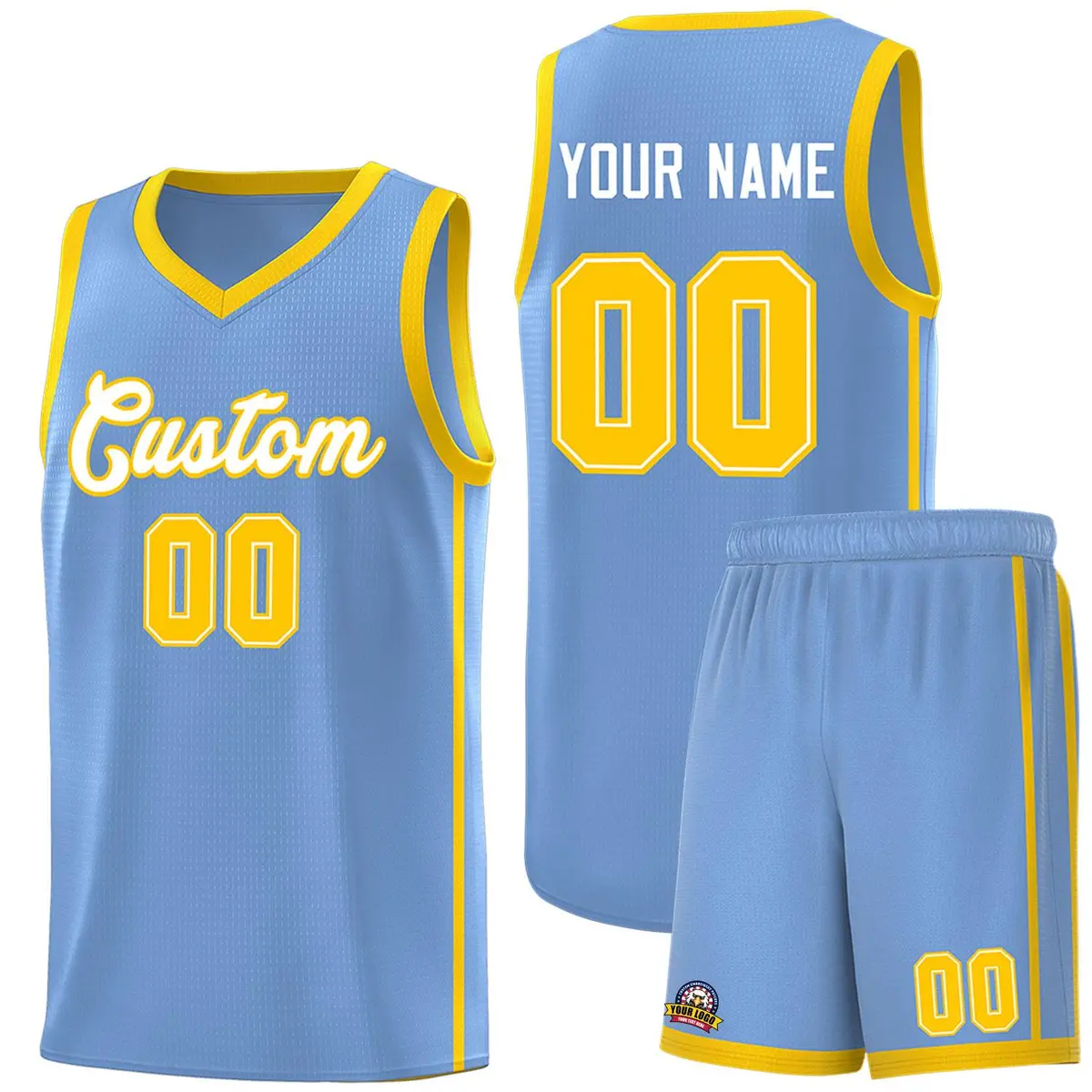 Light Blue White-Gold Side Two Bars Basketball Jersey
