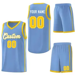 Light Blue White-Gold Side Two Bars Basketball Jersey 6