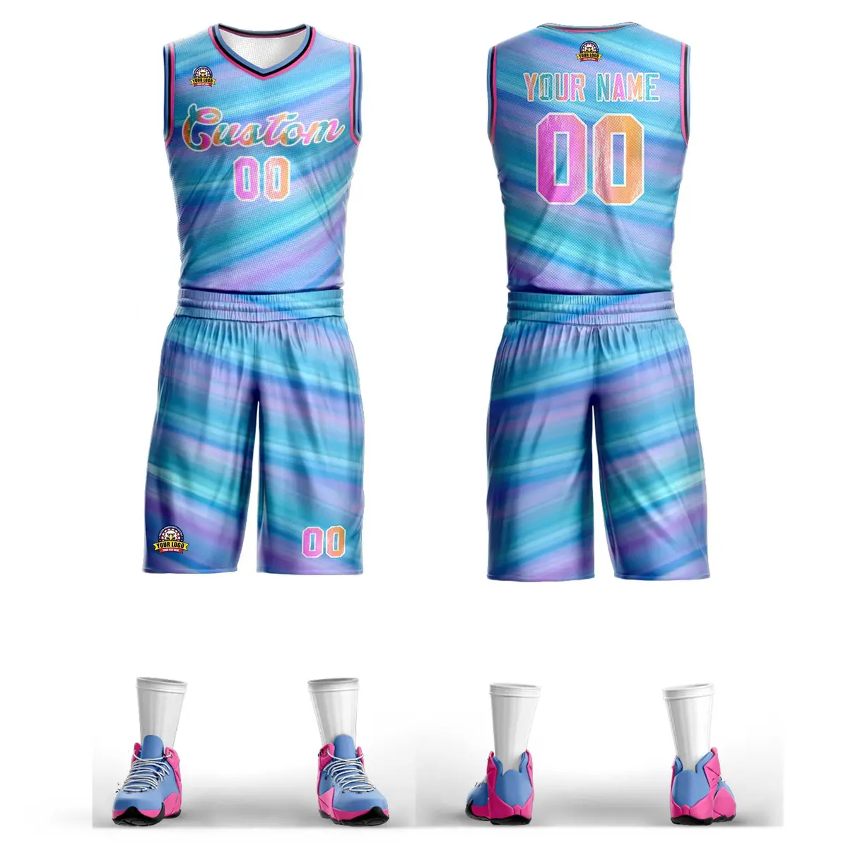 Light Blue White Graffiti Pattern Mesh Basketball Jersey Sets