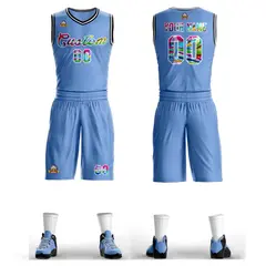Light Blue White Graffiti Pattern Mesh Basketball Jersey Sets 1