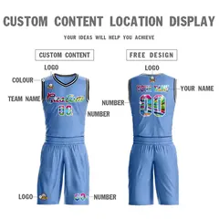 Light Blue White Graffiti Pattern Mesh Basketball Jersey Sets 3