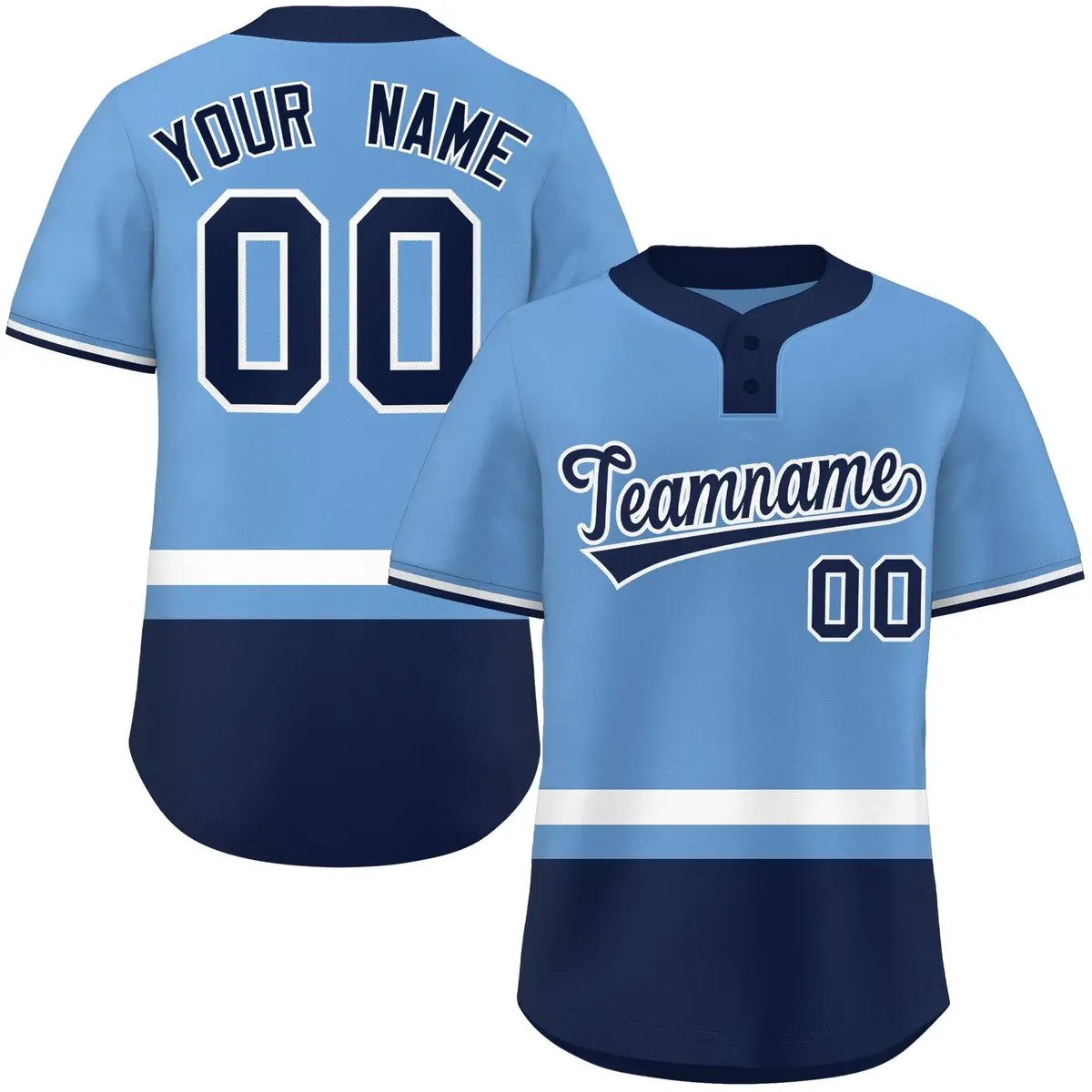 Light Blue White-Navy Color Block Two-Button Softball Jersey