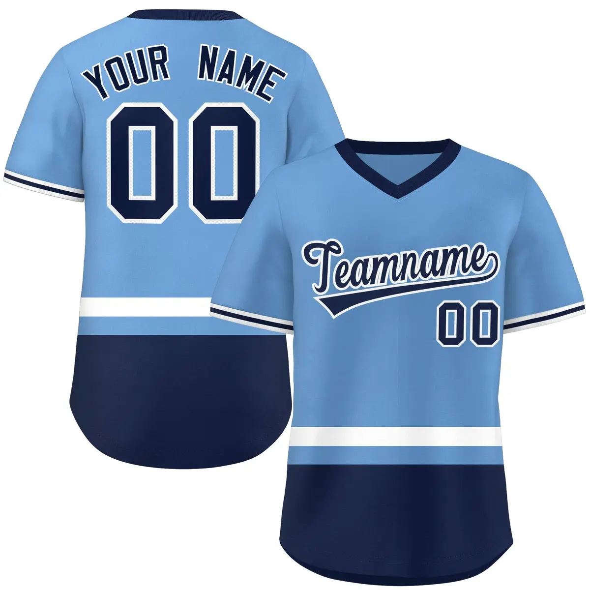 Light Blue White-Navy Color Block V-Neck Baseball Jersey