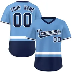 Light Blue White-Navy Color Block V-Neck Baseball Jersey 1