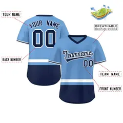 Light Blue White-Navy Color Block V-Neck Baseball Jersey 2