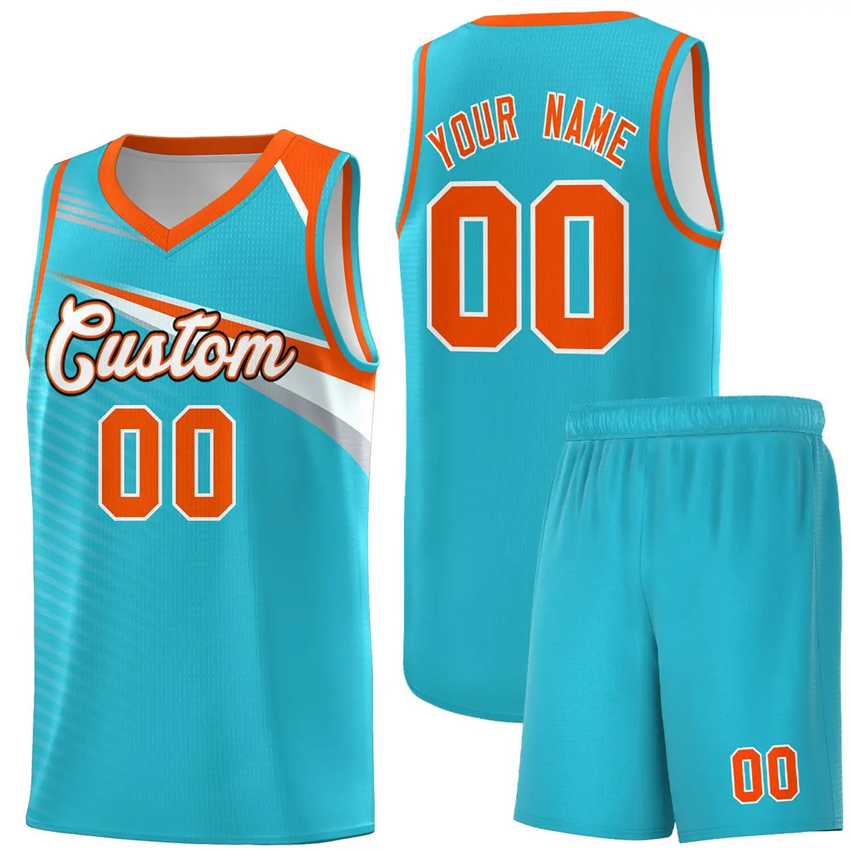 Light Blue White-Orange Chest Color Block Basketball Jersey