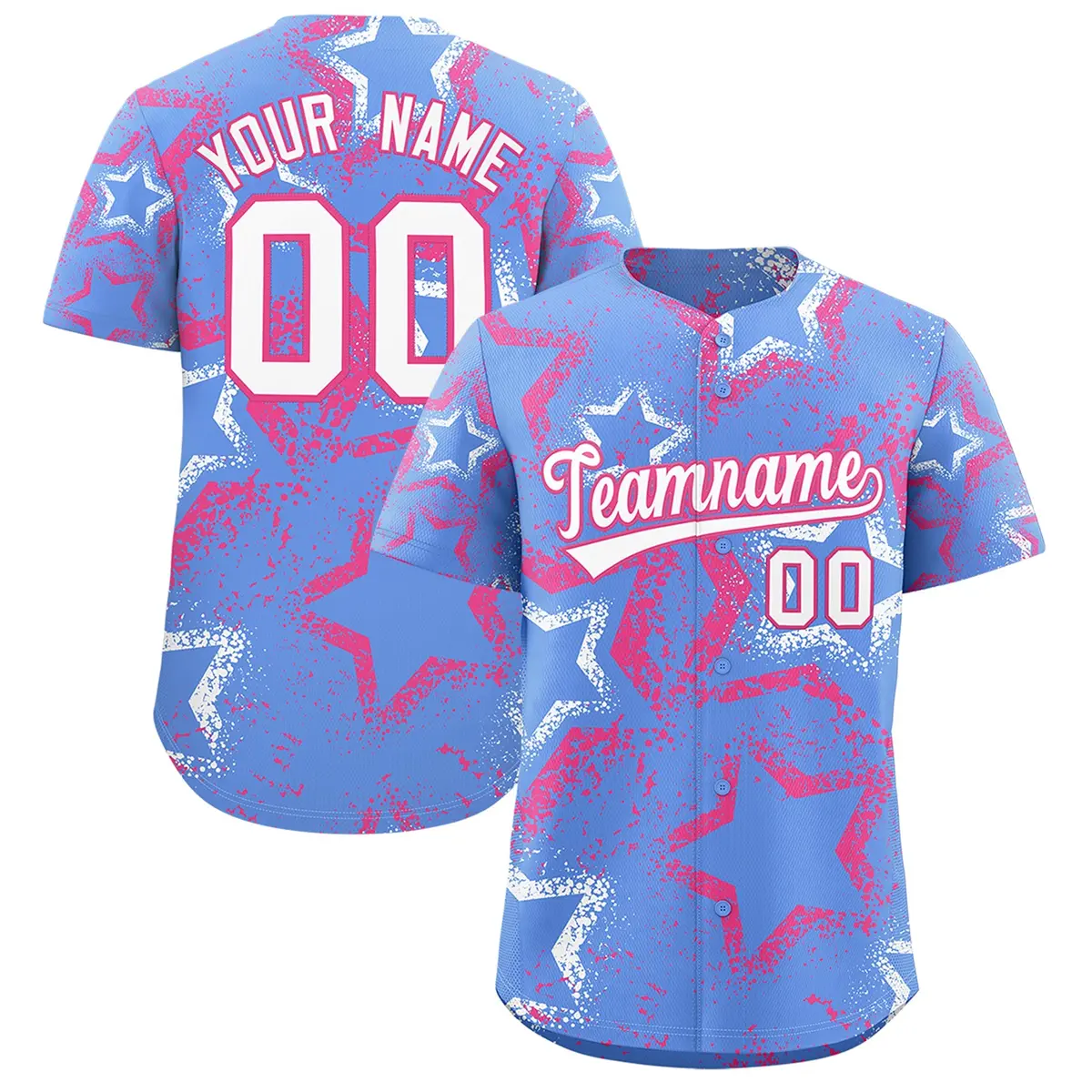 Light Blue White Pink Star-Shaped Graffiti Ink Baseball Jersey