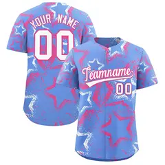Light Blue White Pink Star-Shaped Graffiti Ink Baseball Jersey 1