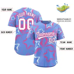 Light Blue White Pink Star-Shaped Graffiti Ink Baseball Jersey 2
