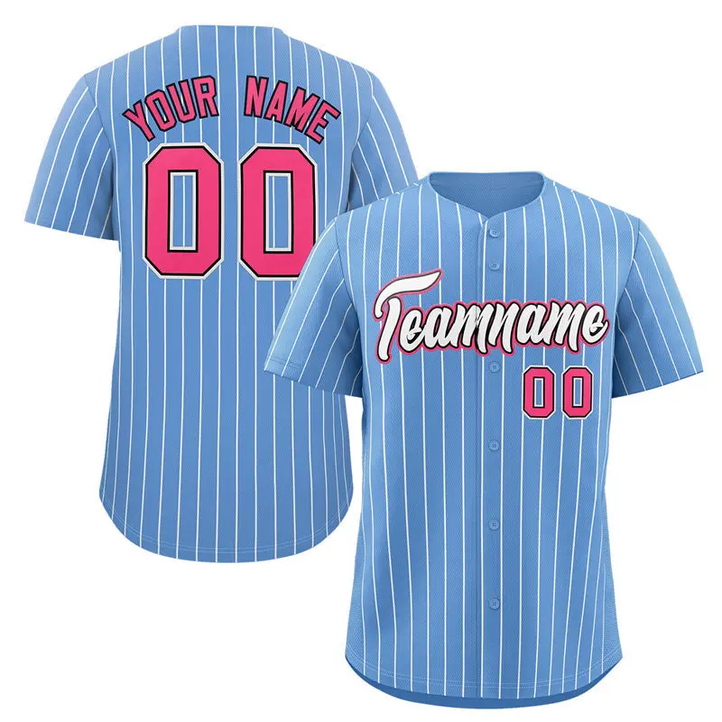 Light Blue White-Pink Stripe Fashion Baseball Jersey