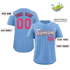 Light Blue White-Pink Stripe Fashion Baseball Jersey 3