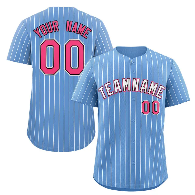 Light Blue White-Pink Stripe Fashion Baseball Jersey
