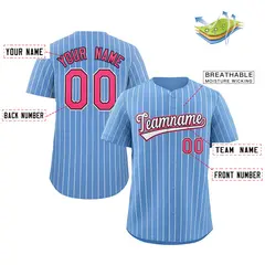 Light Blue White-Pink Stripe Fashion Baseball Jersey 3