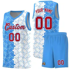 Light Blue White Puzzle Pattern Splid Basketball Kits 1