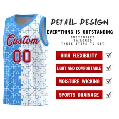 Light Blue White Puzzle Pattern Splid Basketball Kits 2
