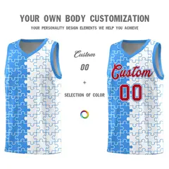 Light Blue White Puzzle Pattern Splid Basketball Kits 3