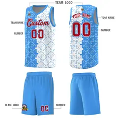 Light Blue White Puzzle Pattern Splid Basketball Kits 5