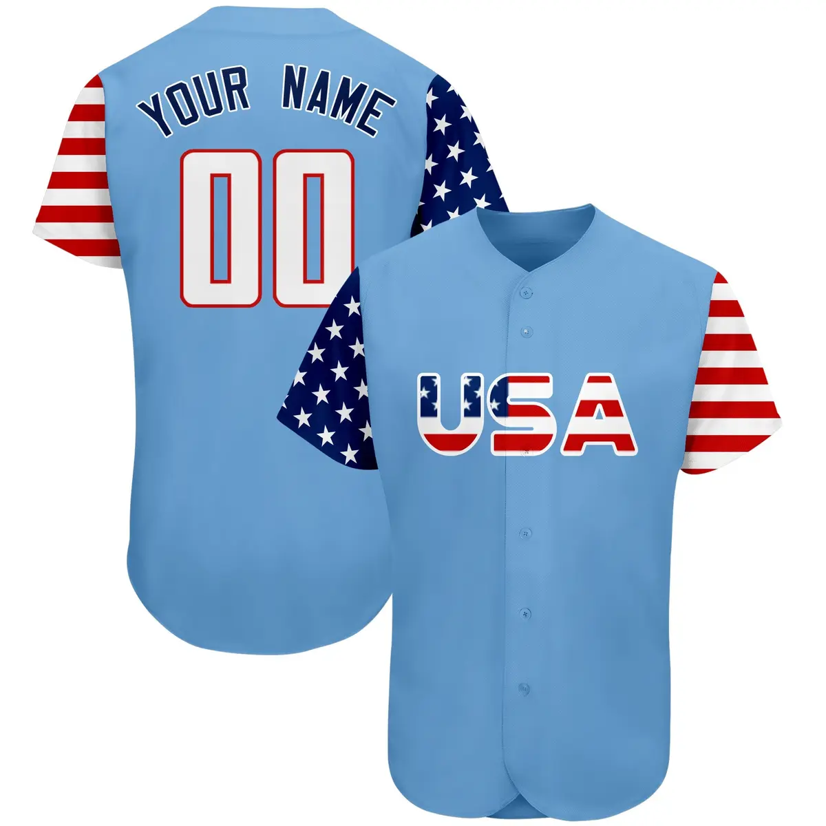 Light Blue White-Red American Flag Baseball Jersey