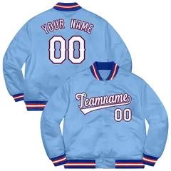 Light Blue White-Red Solid Varsity Full-Snap Letterman Jacket