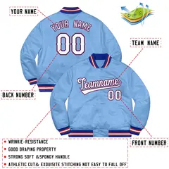 Light Blue White-Red Solid Varsity Full-Snap Letterman Jacket 2