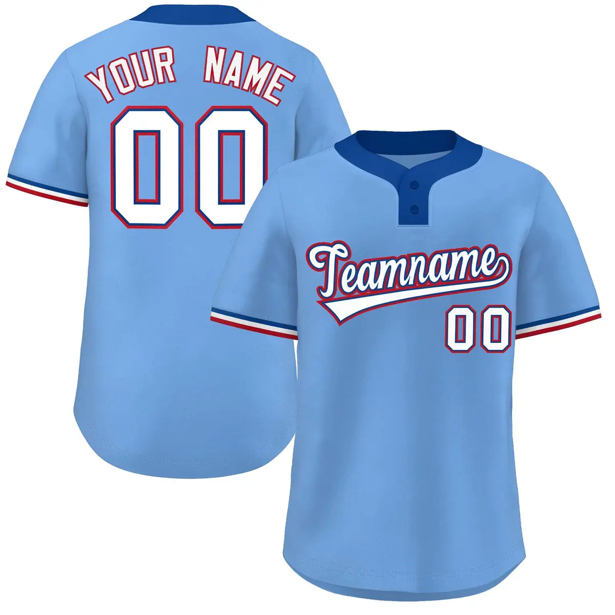 Light Blue White-Red Striped Two-Button Softball Jersey