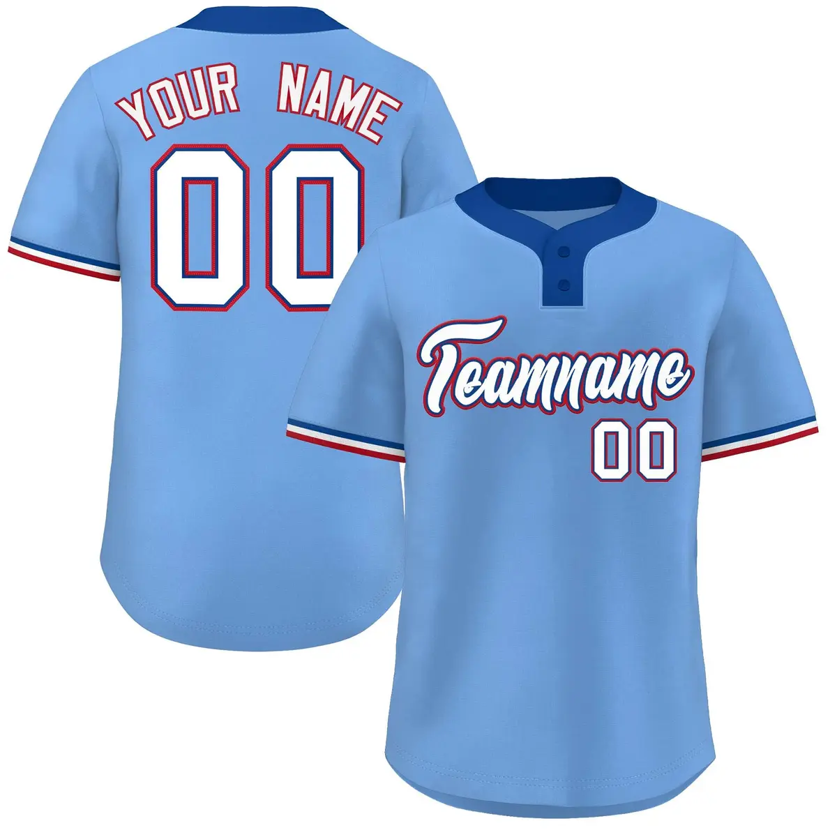 Light Blue White-Red Striped Two-Button Softball Jersey