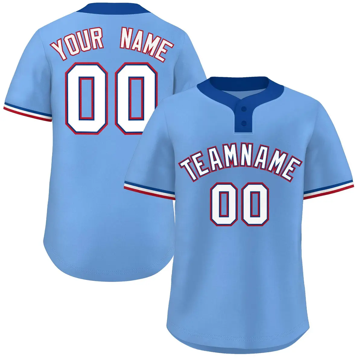 Light Blue White-Red Striped Two-Button Softball Jersey