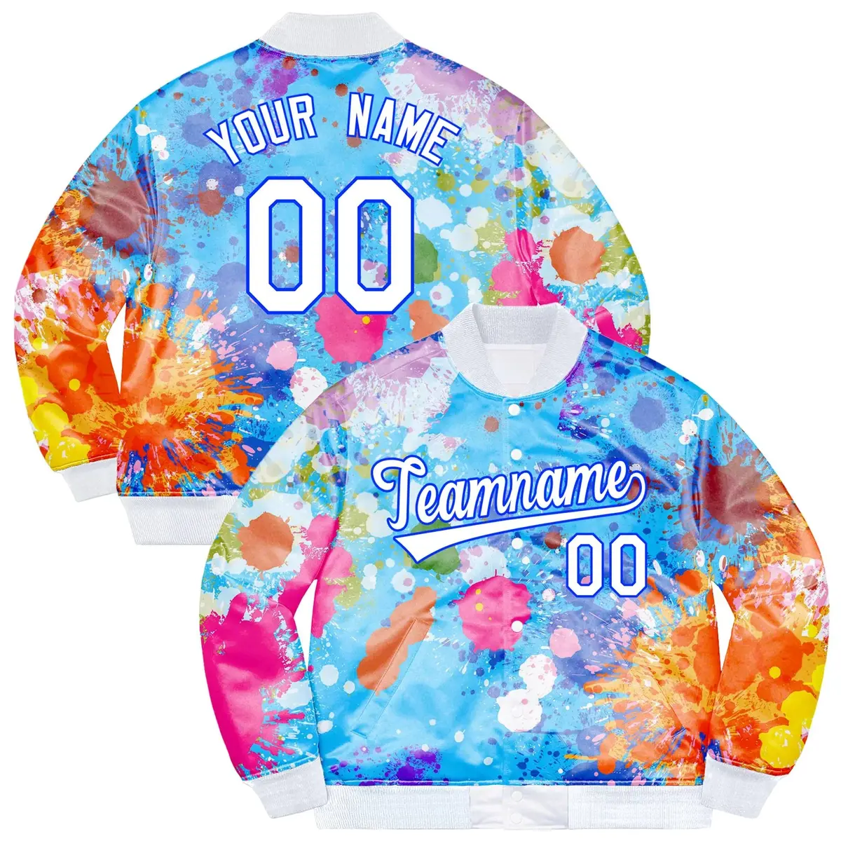 Light Blue White-Royal Splashes Graffiti Varsity Jacket