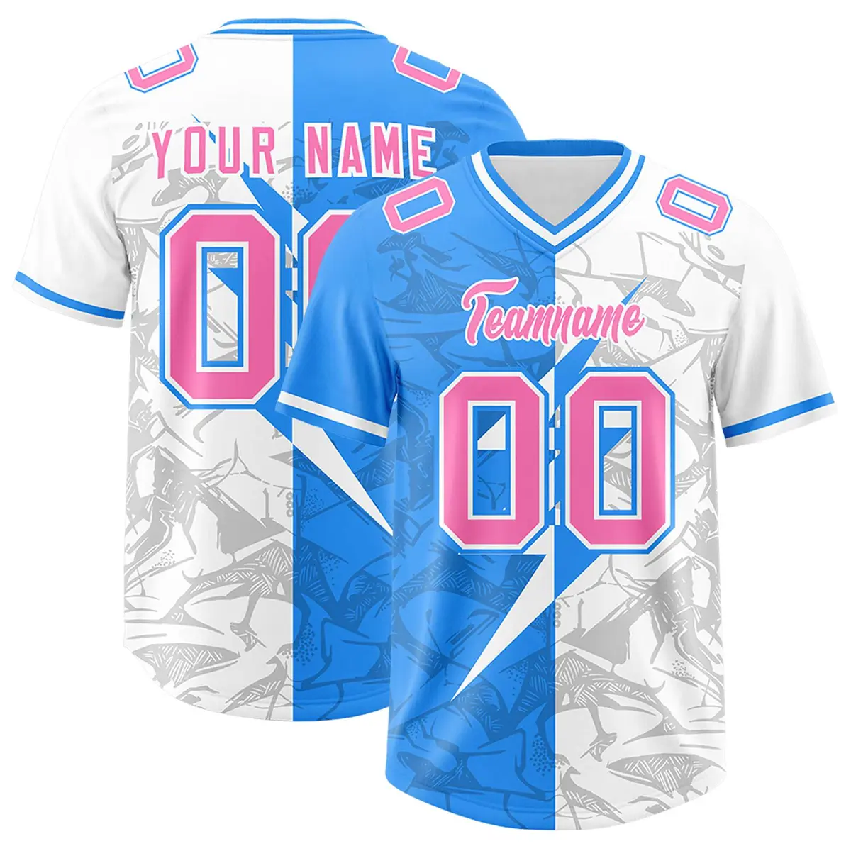 Light Blue White Split Lightning Pattern Football Jersey