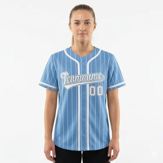 Women's Light Blue White Stripe Full Button Baseball Jersey