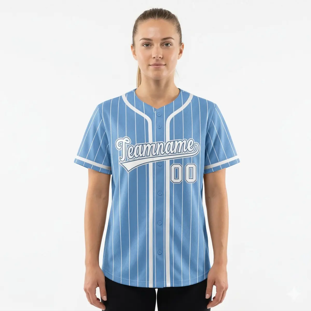 Women's Light Blue White Stripe Full Button Baseball Jersey