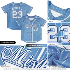 Women's Light Blue White Stripe Full Button Baseball Jersey 10