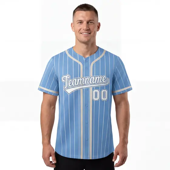 Men's Light Blue White Stripe Full Button Baseball Jersey