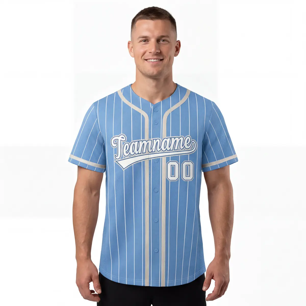 Men's Light Blue White Stripe Full Button Baseball Jersey