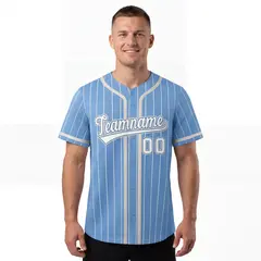 Men's Light Blue White Stripe Full Button Baseball Jersey 1