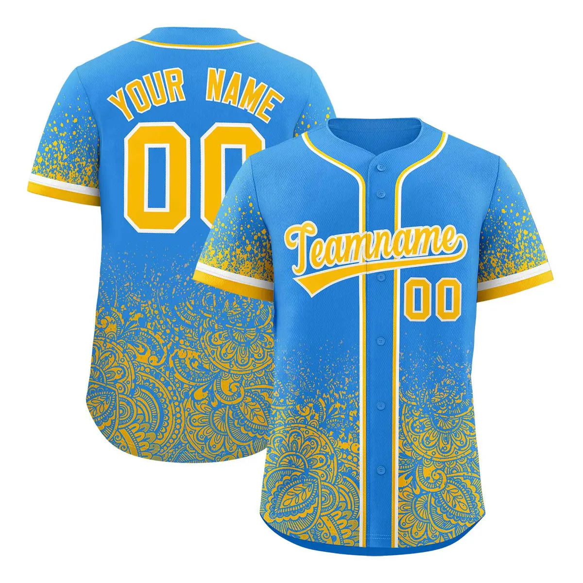 Light Blue Yellow Floral Gradient Full Button Baseball Jersey