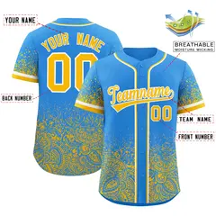 Light Blue Yellow Floral Gradient Full Button Baseball Jersey 2