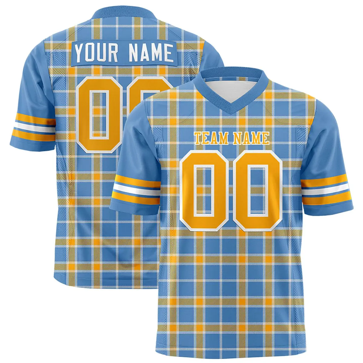 Light Blue Yellow Plaid Pattern Authentic Football Jersey