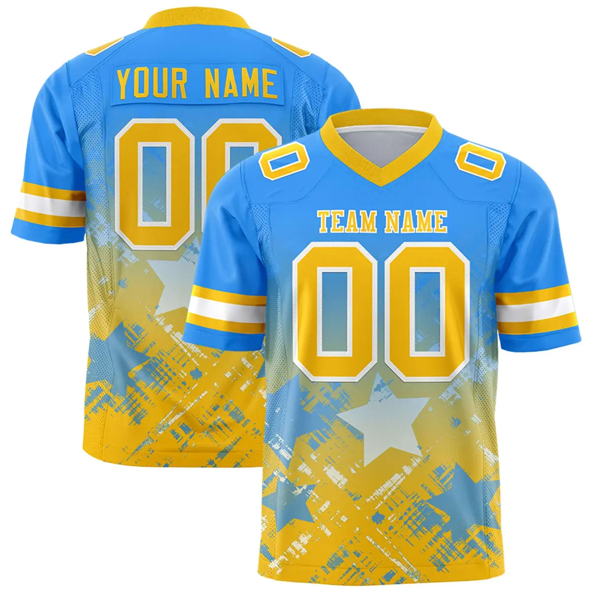 Light Blue Yellow Star Gradient Flag Football Jersey