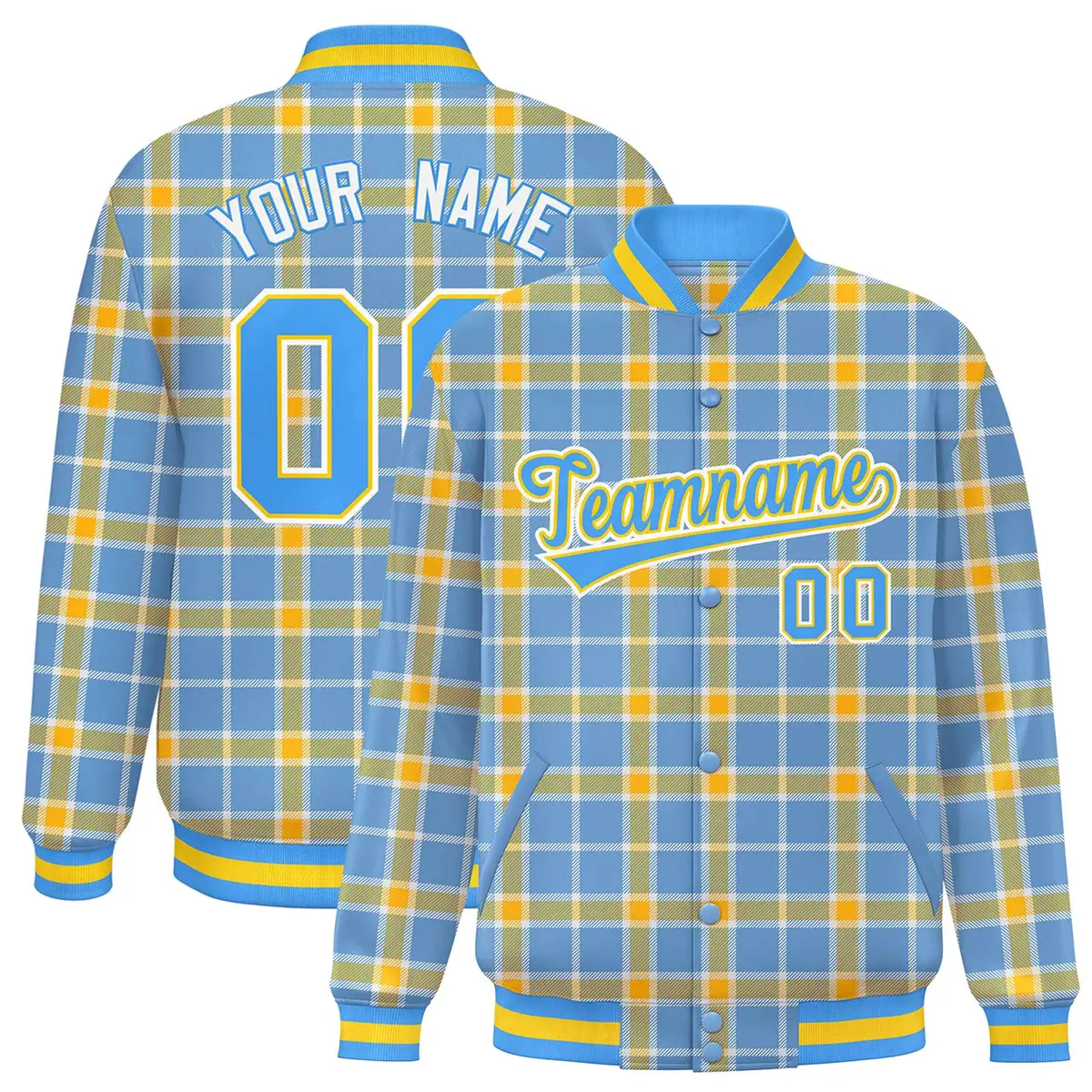 Light Blue Yellow Varsity Full-Snap Plaid Letterman Baseball Jacket