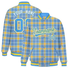 Light Blue Yellow Varsity Full-Snap Plaid Letterman Baseball Jacket