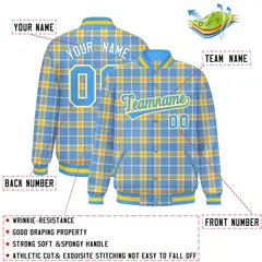 Light Blue Yellow Varsity Full-Snap Plaid Letterman Baseball Jacket 2