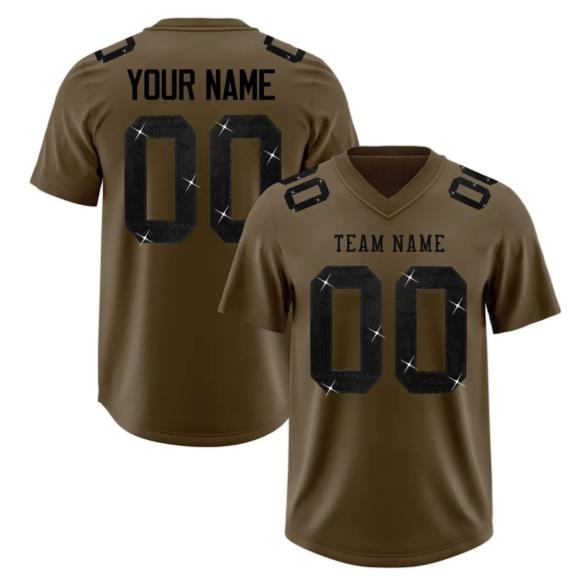 Light Brown Black Sequin Lettering Stretch Football Jersey