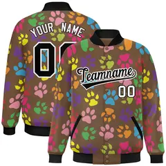 Light Brown Black-White Varsity Paw Prints Graffiti Letterman Jacket