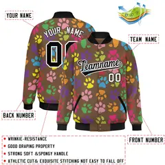 Light Brown Black-White Varsity Paw Prints Graffiti Letterman Jacket 2