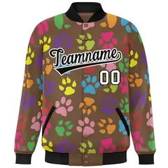 Light Brown Black-White Varsity Paw Prints Graffiti Letterman Jacket 3