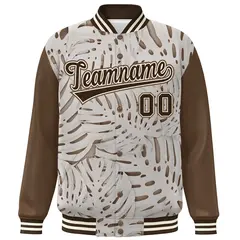 Light Brown Brown-Cream Maple Leaf Graffiti Raglan Bomber Varsity Jacket 3