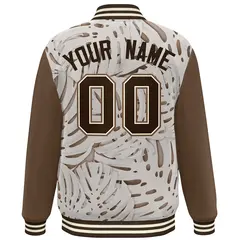 Light Brown Brown-Cream Maple Leaf Graffiti Raglan Bomber Varsity Jacket 4